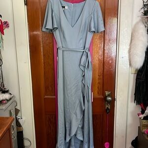 Light blue ruffle wrap skirt dress 10 belted high low maxi  bridesmade wedding